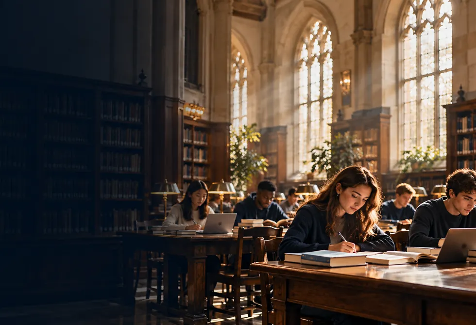 Illustrative students learning in a library