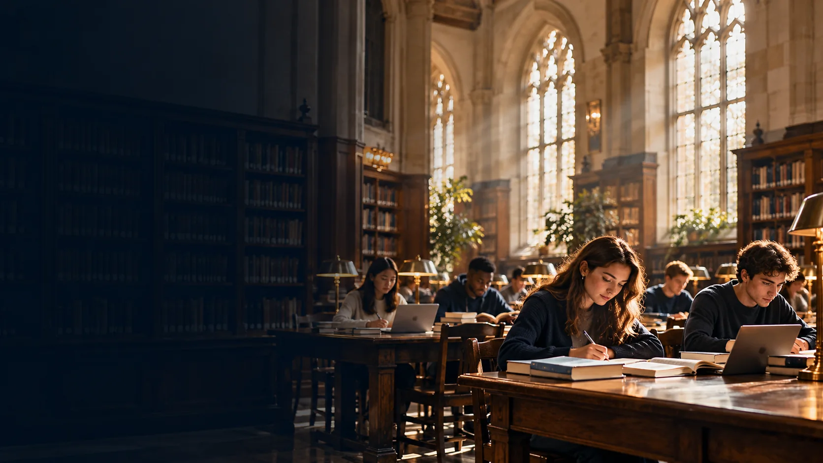 Illustrative academic library with students studying
